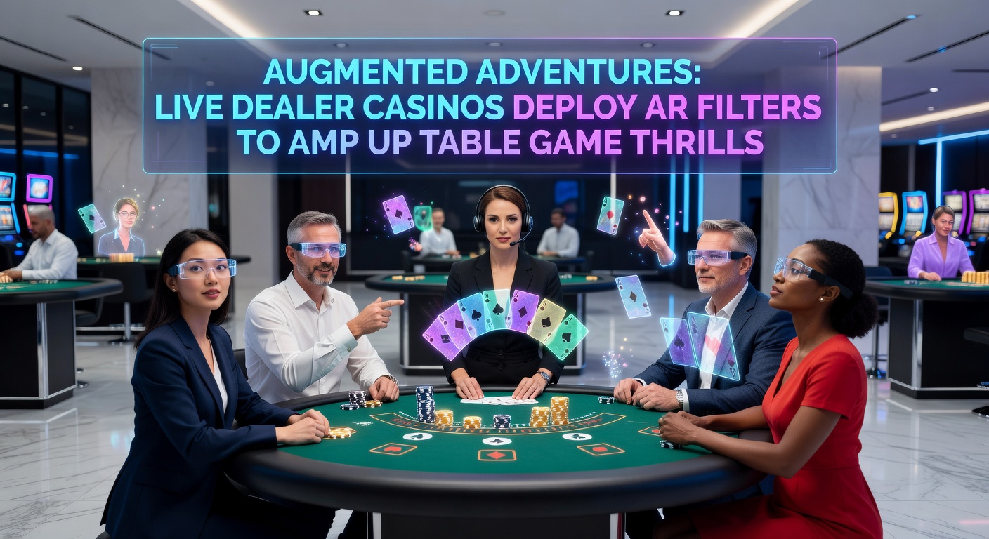 A live dealer at a blackjack table with colorful AR filters overlaying cards and chips, creating an immersive augmented reality experience for online players