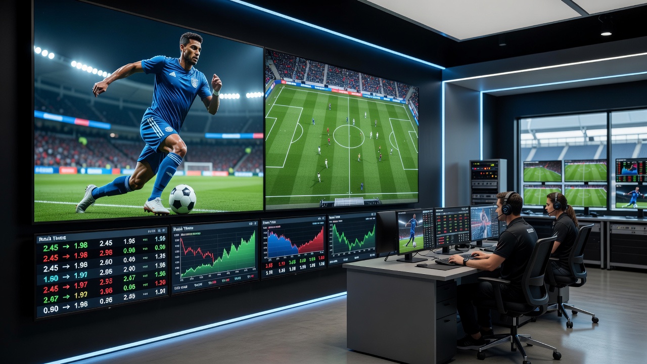 Broadcast camera operators adjusting angles during a live soccer match with betting data overlays visible on monitors
