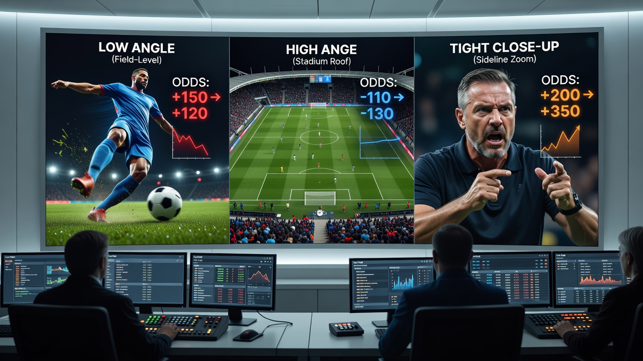 Multiple camera feeds displayed on a control room monitor showing different angles of an ongoing tennis match