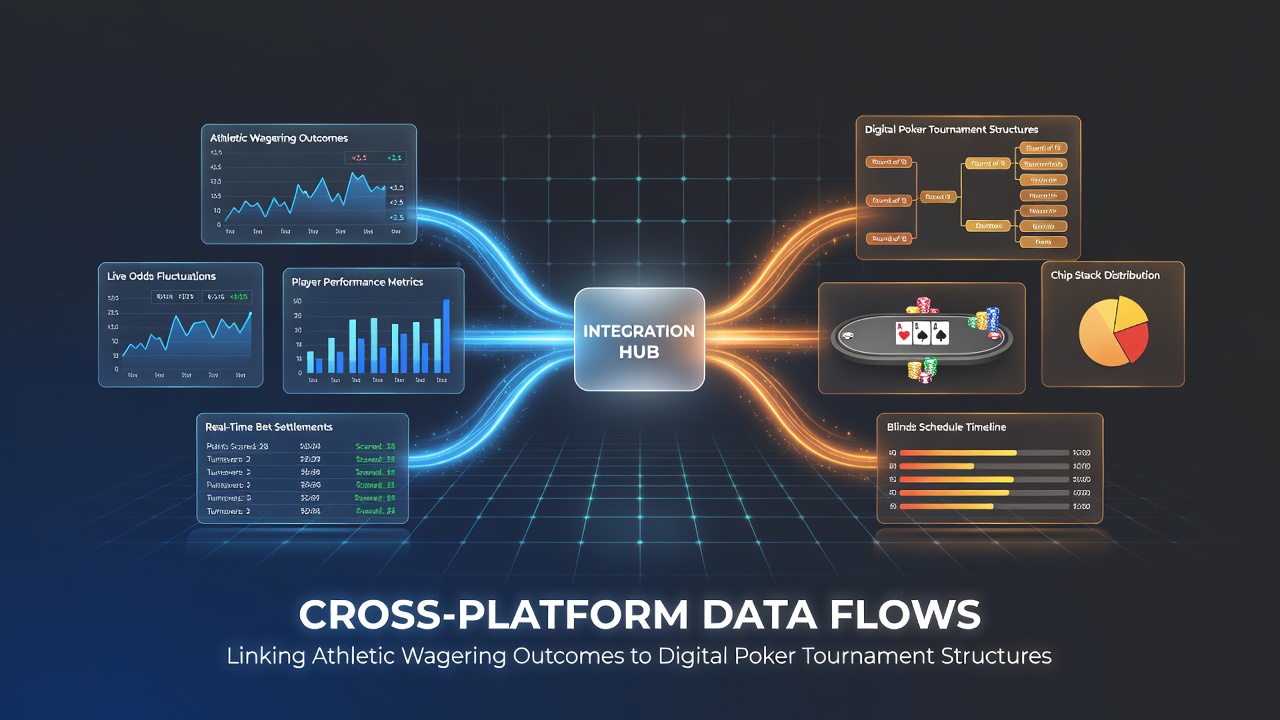 Analytics dashboard displaying cross-platform data flows from sports betting outcomes into poker tournament parameters