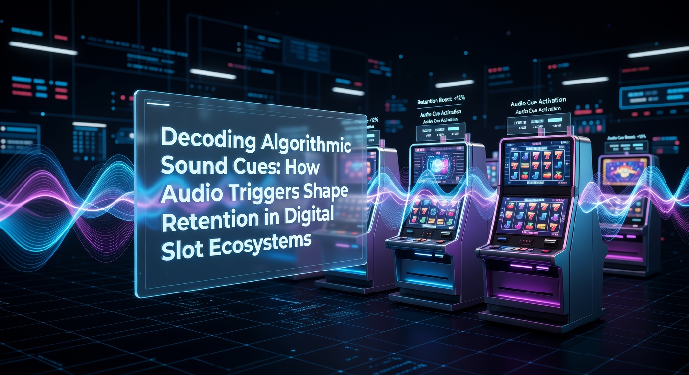 Algorithmic sound wave patterns overlaid on digital slot machine reels illustrating audio trigger layers