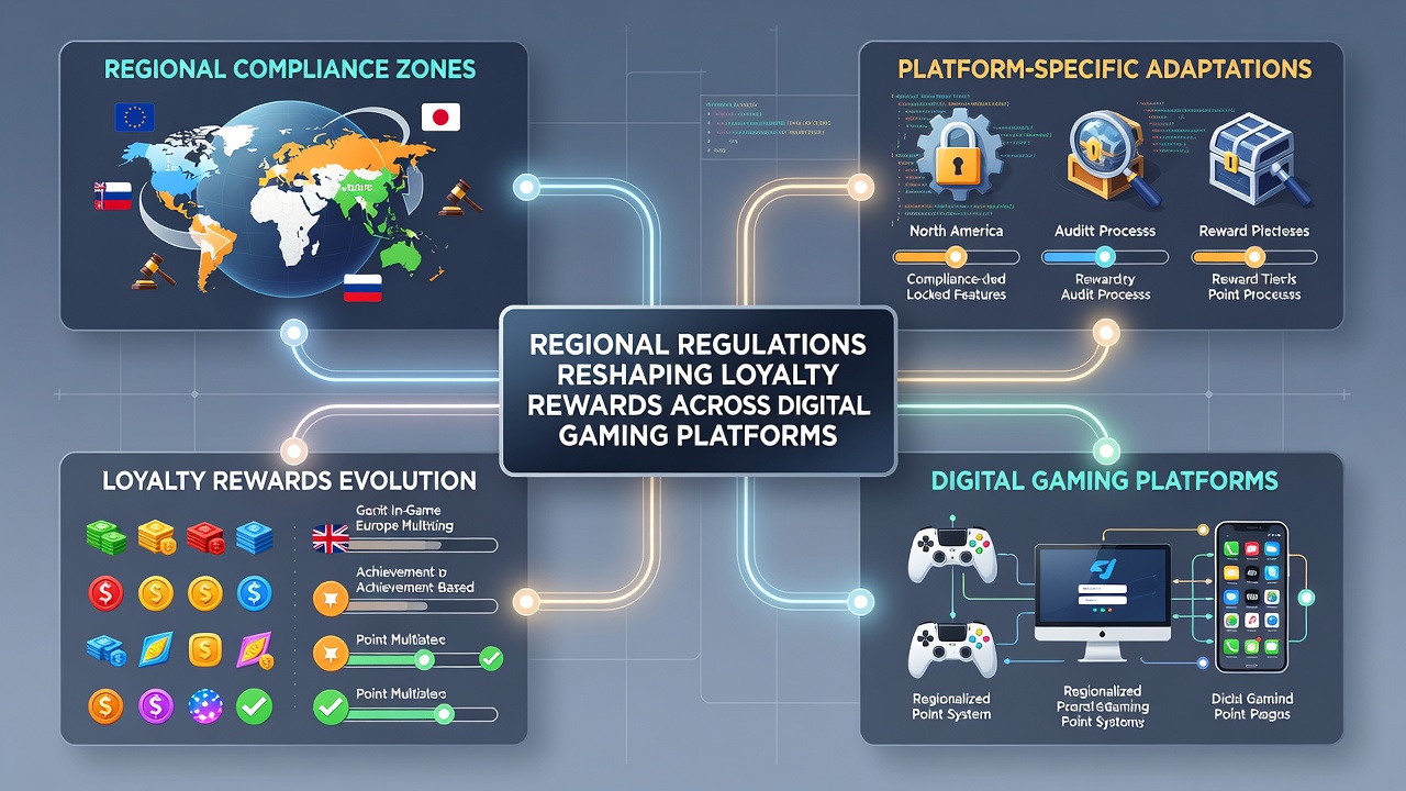 Global map overlay on gaming dashboard highlighting regulatory zones and adjusted loyalty tiers
