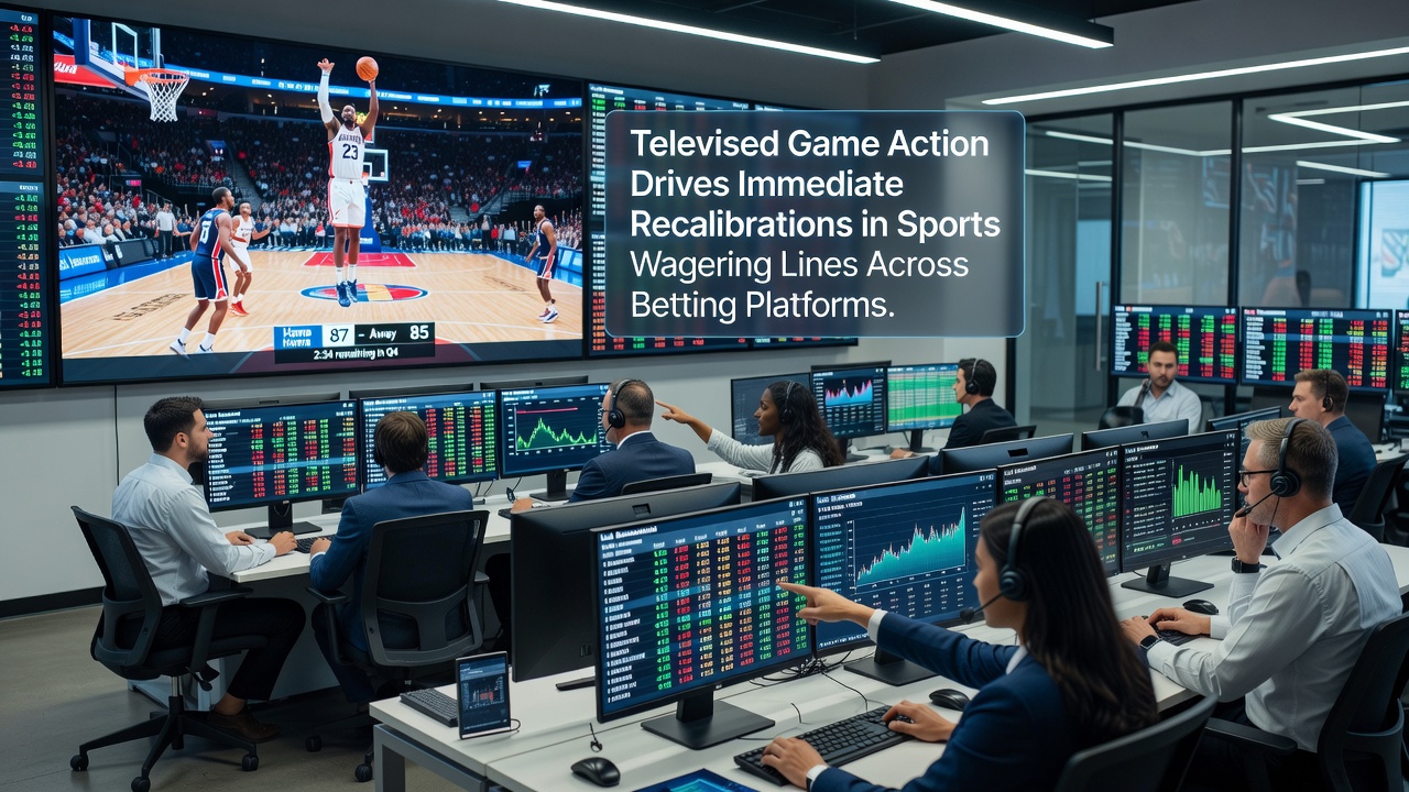 Sportsbook traders monitor multiple screens showing live game footage and dynamic odds boards during peak betting windows