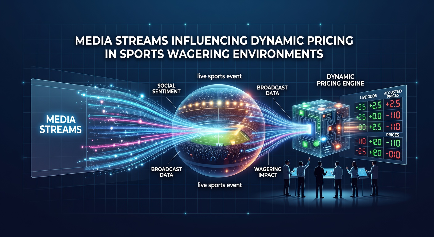 Data visualization showing media streams feeding into sports betting pricing algorithms during live events
