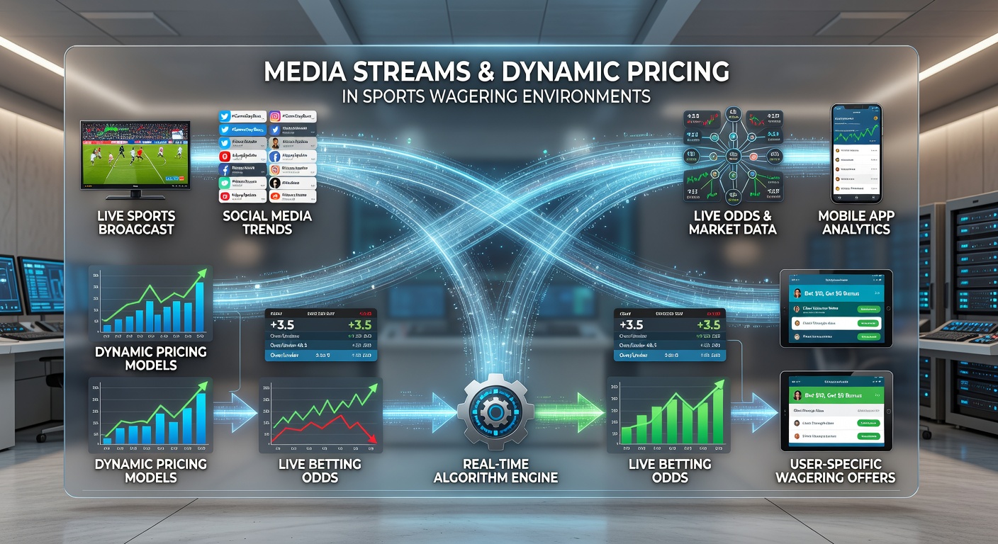Sportsbook interface displaying real-time odds adjustments alongside incoming media data feeds