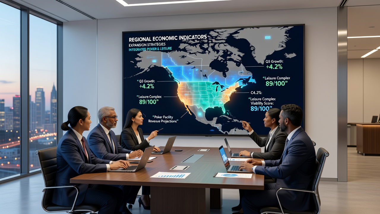 Regional economic data charts overlaid on a poker facility floor plan