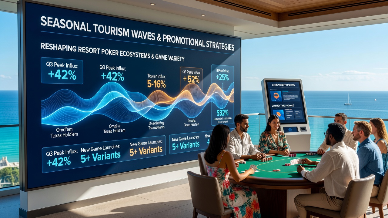 Poker tournament setup showing mixed player demographics and multiple game types in a resort setting