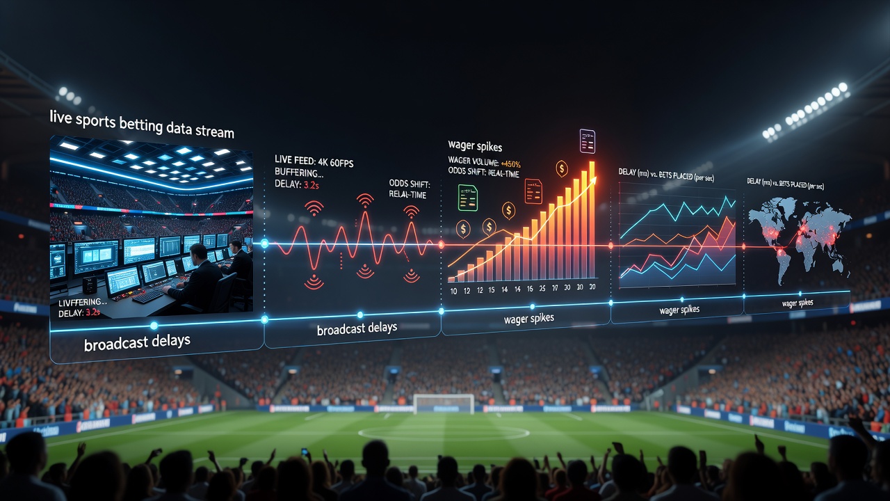 Live sports betting interface displaying real-time odds adjustments alongside broadcast delay indicators