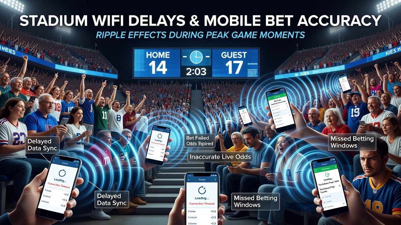 Mobile betting interface showing delayed odds updates in a crowded stadium setting