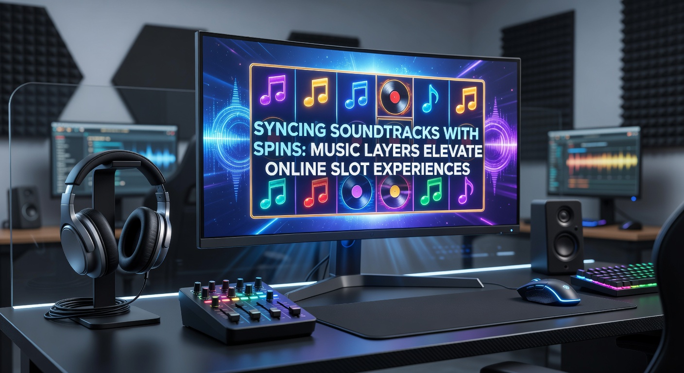 Close-up of slot game bonus feature with exploding symbols, colorful lights, and overlaid equalizer bars pulsing to dramatic orchestral swells