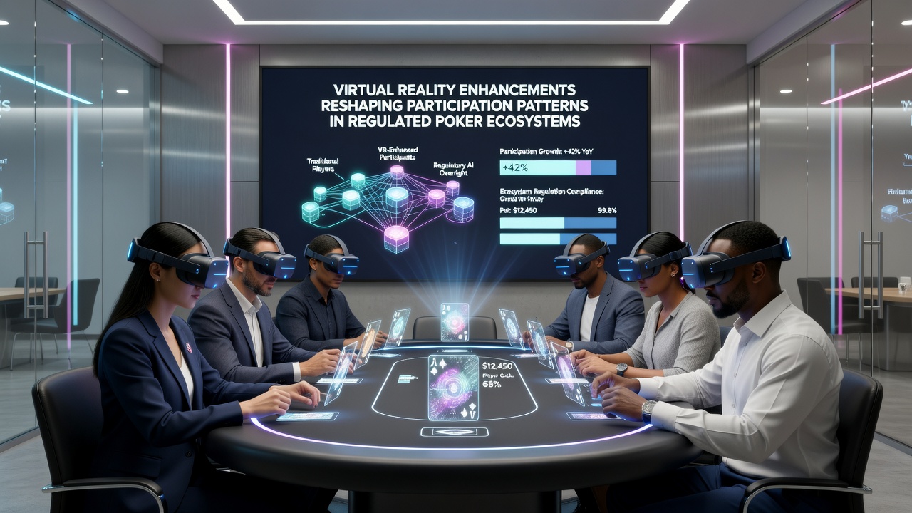 Regulated poker ecosystem visualization showing VR integration with compliance dashboards and player analytics